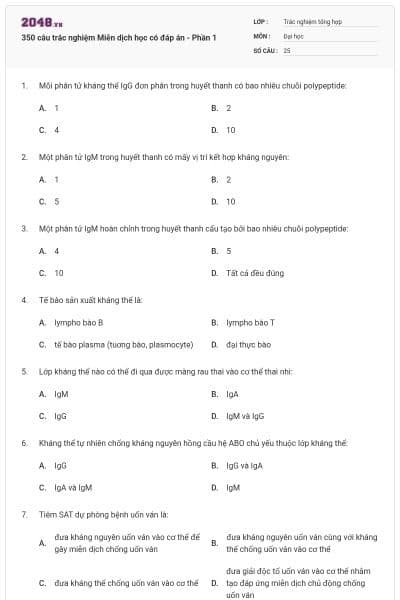 350 câu trắc nghiệm Miễn dịch học có đáp án - Phần 1