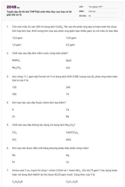 Tuyển tập đề thi thử THPTQG môn Hóa Học cực hay có lời giải (Đề số 4)