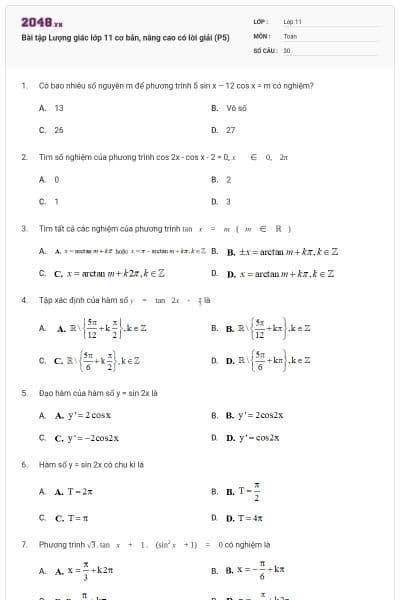 Bài tập Lượng giác lớp 11 cơ bản, nâng cao có lời giải (P5)
