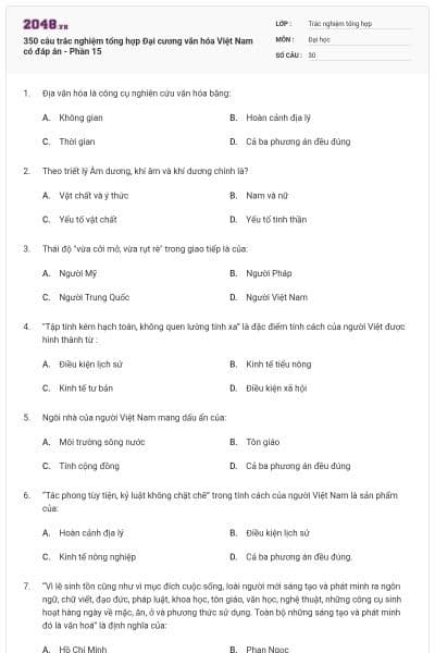 350 câu trắc nghiệm tổng hợp Đại cương văn hóa Việt Nam có đáp án - Phần 15