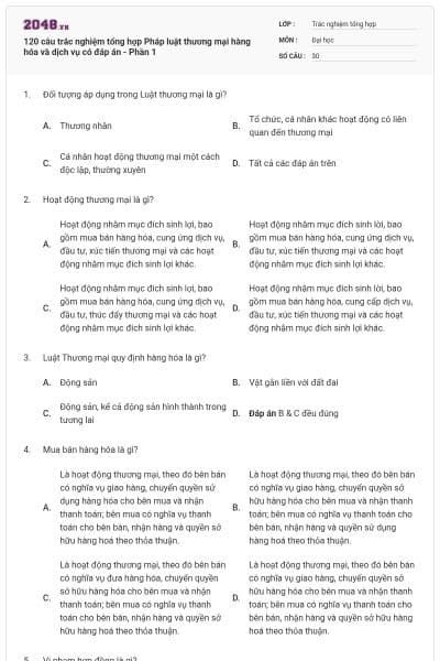 120 câu trắc nghiệm tổng hợp Pháp luật thương mại hàng hóa và dịch vụ có đáp án - Phần 1