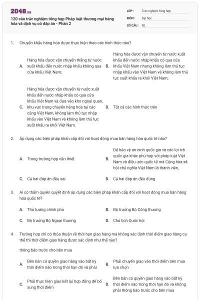 120 câu trắc nghiệm tổng hợp Pháp luật thương mại hàng hóa và dịch vụ có đáp án - Phần 2