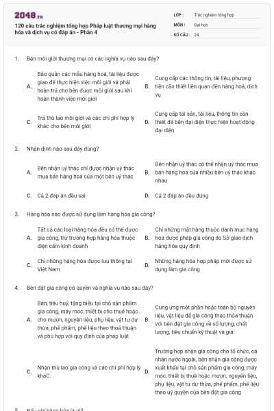 120 câu trắc nghiệm tổng hợp Pháp luật thương mại hàng hóa và dịch vụ có đáp án - Phần 4
