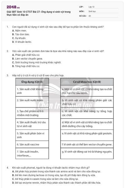 Giải SBT Sinh 10 CTST Bài 27: Ứng dụng vi sinh vật trong thực tiễn có đáp án