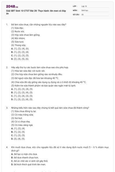 Giải SBT Sinh 10 CTST Bài 28: Thực hành: lên men có đáp án