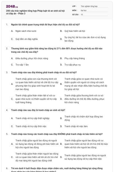 200 câu trắc nghiệm tổng hợp Pháp luật về an sinh xã hội có đáp án - Phần 3