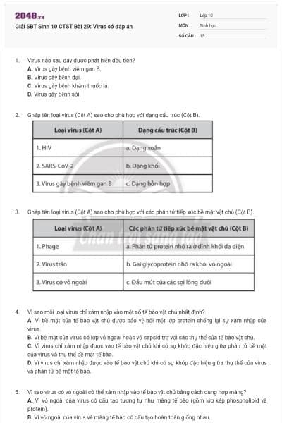 Giải SBT Sinh 10 CTST Bài 29: Virus có đáp án