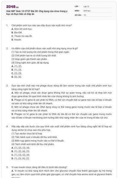 Giải SBT Sinh 10 CTST Bài 30: Ứng dụng của virus trong y học và thực tiễn có đáp án