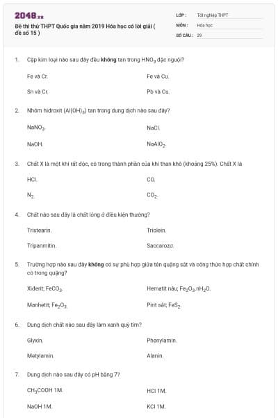 Đề thi thử THPT Quốc gia năm 2019 Hóa học có lời giải ( đề số 15 )