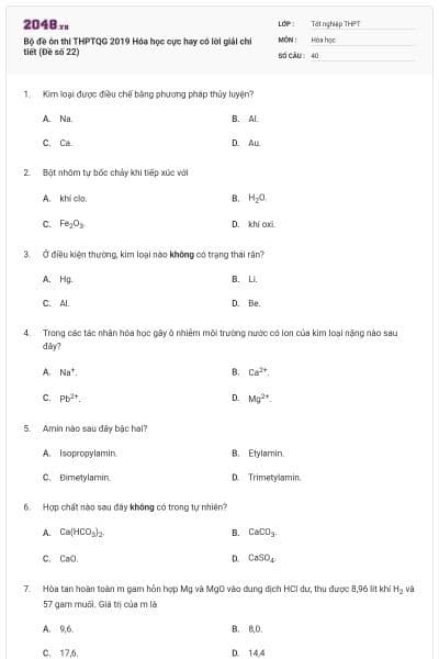 Bộ đề ôn thi THPTQG 2019 Hóa học cực hay có lời giải chi tiết (Đề số 22)