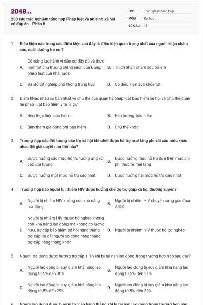 200 câu trắc nghiệm tổng hợp Pháp luật về an sinh xã hội có đáp án - Phần 6