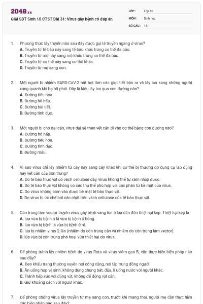 Giải SBT Sinh 10 CTST Bài 31: Virus gây bệnh có đáp án