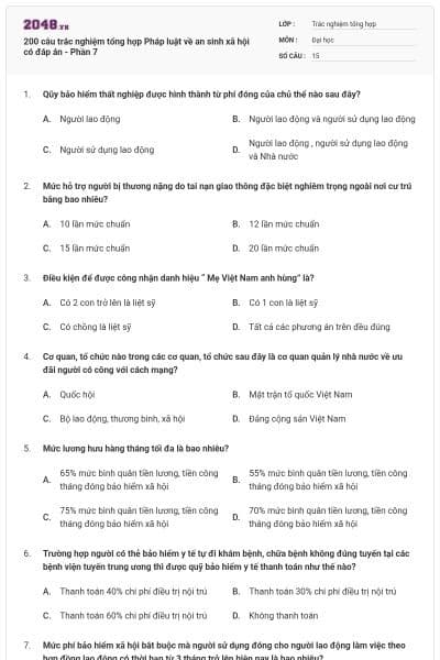 200 câu trắc nghiệm tổng hợp Pháp luật về an sinh xã hội có đáp án - Phần 7