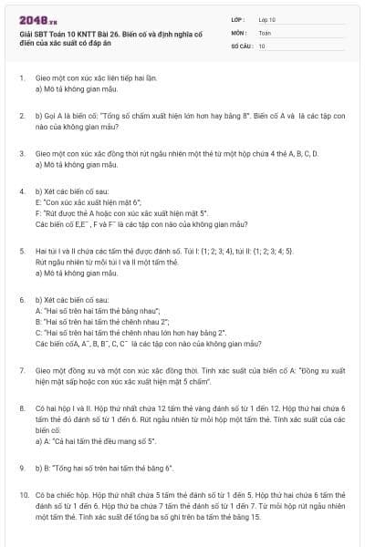 Giải SBT Toán 10 KNTT Bài 26. Biến cố và định nghĩa cổ điển của xác suất có đáp án
