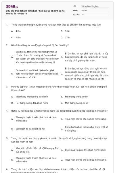 200 câu trắc nghiệm tổng hợp Pháp luật về an sinh xã hội có đáp án - Phần 10