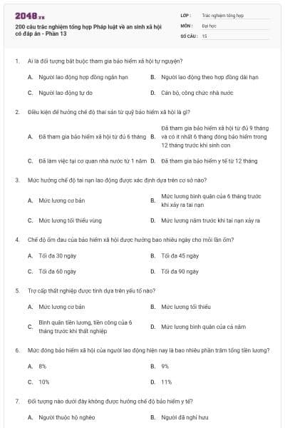 200 câu trắc nghiệm tổng hợp Pháp luật về an sinh xã hội có đáp án - Phần 13