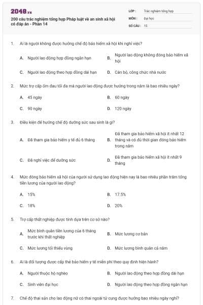 200 câu trắc nghiệm tổng hợp Pháp luật về an sinh xã hội có đáp án - Phần 14