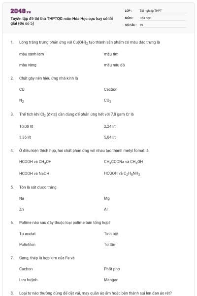 Tuyển tập đề thi thử THPTQG môn Hóa Học cực hay có lời giải (Đề số 5)