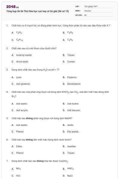 Tổng hợp đề thi Thử Hóa học cực hay có lời giải (Đề số 15)