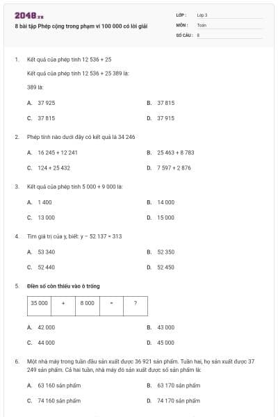 8 bài tập Phép cộng trong phạm vi 100 000 có lời giải