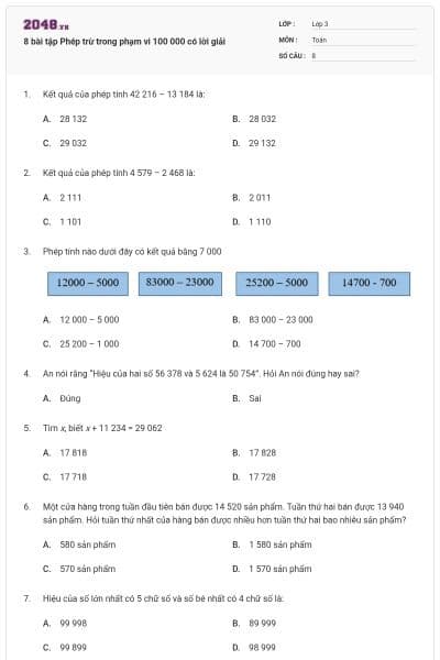 8 bài tập Phép trừ trong phạm vi 100 000 có lời giải