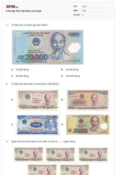 8 bài tập Tiền Việt Nam có lời giải