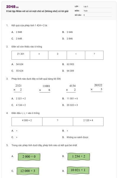 8 bài tập Nhân với số có một chữ số (không nhớ) có lời giải
