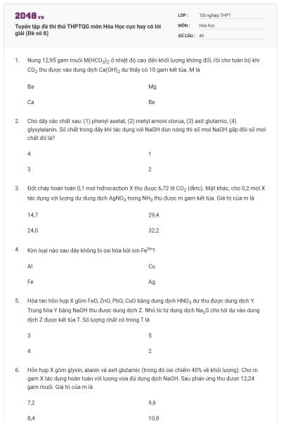Tuyển tập đề thi thử THPTQG môn Hóa Học cực hay có lời giải (Đề số 6)