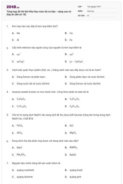 Tổng hợp đề thi thử Hóa Học mức độ cơ bản - nâng cao có đáp án (Đề sô 18)