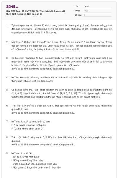 Giải SBT Toán 10 KNTT Bài 27. Thực hành tính xác suất theo định nghĩa cổ điển có đáp án