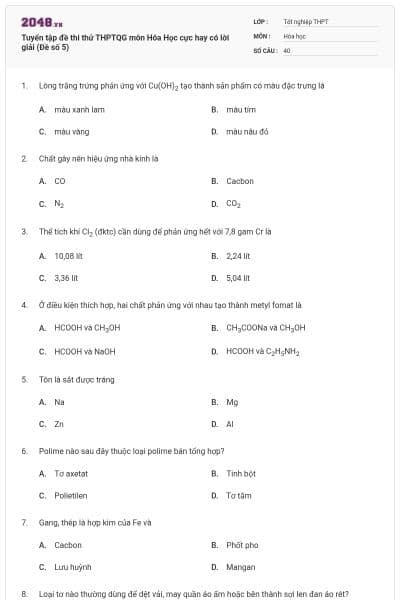 Tuyển tập đề thi thử THPTQG môn Hóa Học cực hay có lời giải (Đề số 5)