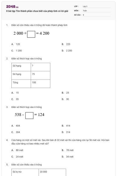 8 bài tập Tìm thành phần chưa biết của phép tính có lời giải