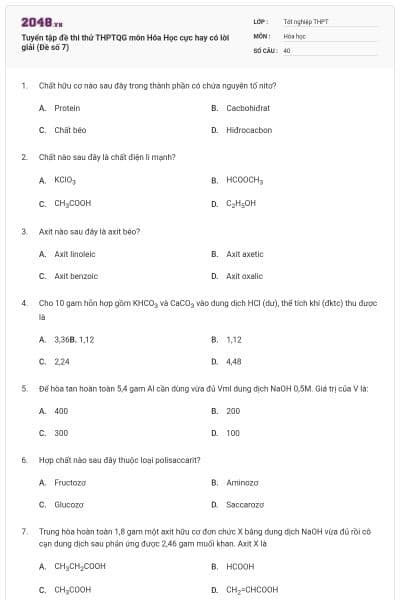 Tuyển tập đề thi thử THPTQG môn Hóa Học cực hay có lời giải (Đề số 7)