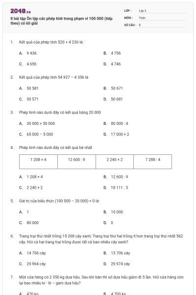 8 bài tập Ôn tập các phép tính trong phạm vi 100 000 (tiếp theo) có lời giải