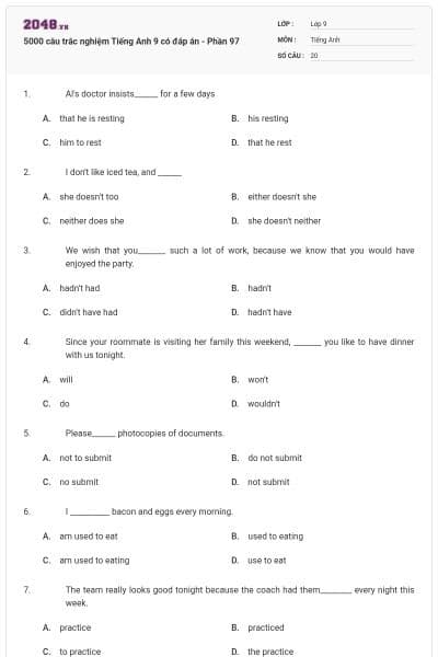 5000 câu trắc nghiệm Tiếng Anh 9 có đáp án - Phần 97