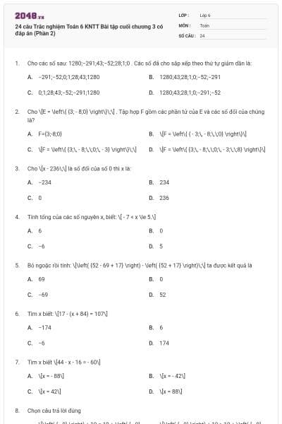 24 câu Trắc nghiệm Toán 6 KNTT Bài tập cuối chương 3 có đáp án (Phần 2)