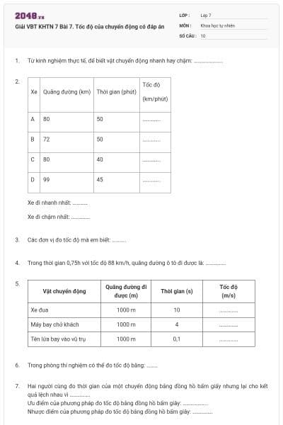 Giải VBT KHTN 7 Bài 7. Tốc độ của chuyển động có đáp án