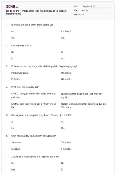 Bộ đề ôn thi THPTQG 2019 Hóa học cực hay có lời giải chi tiết (Đề số 24)