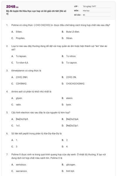 Bộ đề luyện thi Hóa Học cực hay có lời giải chi tiết (Đề số 4)