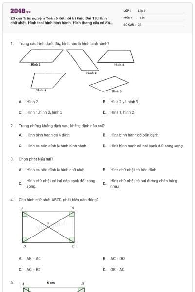 23 câu Trắc nghiệm Toán 6 Kết nối tri thức Bài 19: Hình chữ nhật. Hình thoi hình bình hành. Hình thang cân có đáp án (Phần 2)