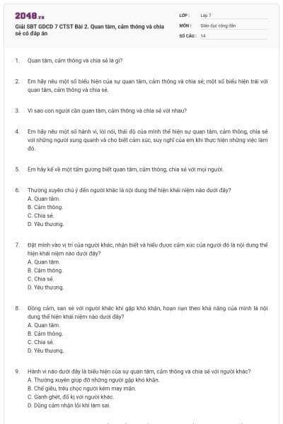Giải SBT GDCD 7 CTST Bài 2. Quan tâm, cảm thông và chia sẻ có đáp án
