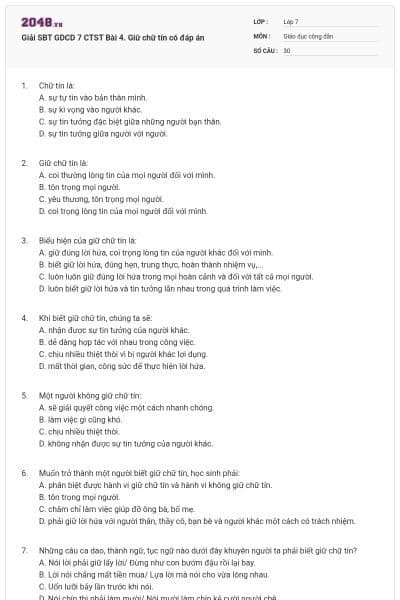 Giải SBT GDCD 7 CTST Bài 4. Giữ chữ tín có đáp án