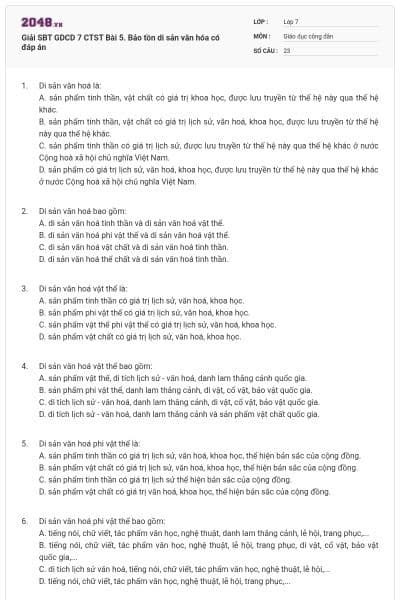 Giải SBT GDCD 7 CTST Bài 5. Bảo tồn di sản văn hóa có đáp án
