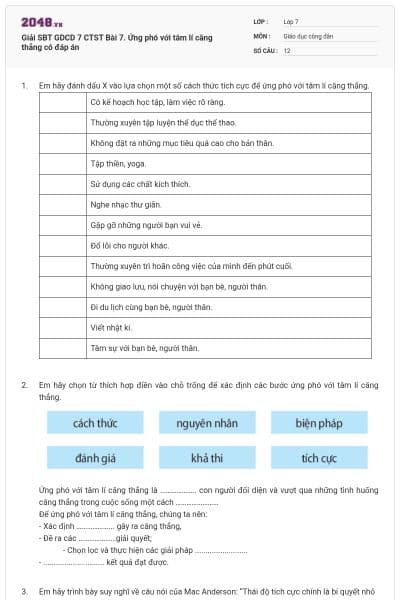 Giải SBT GDCD 7 CTST Bài 7. Ứng phó với tâm lí căng thẳng có đáp án