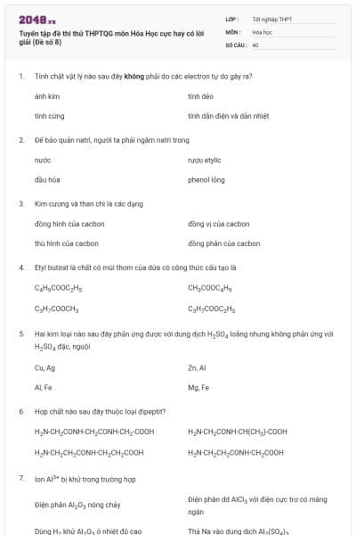 Tuyển tập đề thi thử THPTQG môn Hóa Học cực hay có lời giải (Đề số 8)