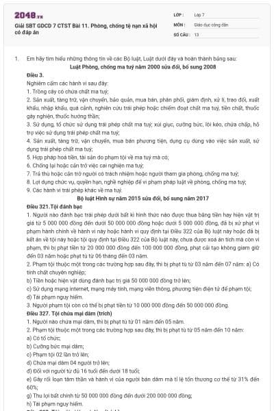 Giải SBT GDCD 7 CTST Bài 11. Phòng, chống tệ nạn xã hội có đáp án