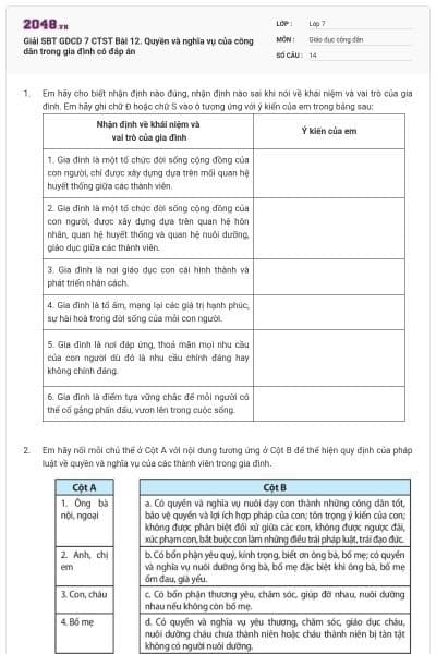 Giải SBT GDCD 7 CTST Bài 12. Quyền và nghĩa vụ của công dân trong gia đình có đáp án