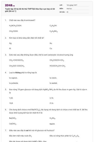 Tuyển tập 20 bộ đề thi thử THPTQG Hóa Học cực hay có lời giải (Đề số 1)