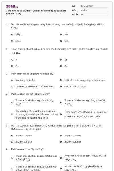 Tổng hợp đề thi thử THPTQG Hóa học mức độ cơ bản nâng cao (đề số 19)