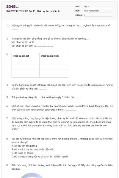 Giải VBT KHTN 7 CD Bài 11. Phản xạ âm có đáp án